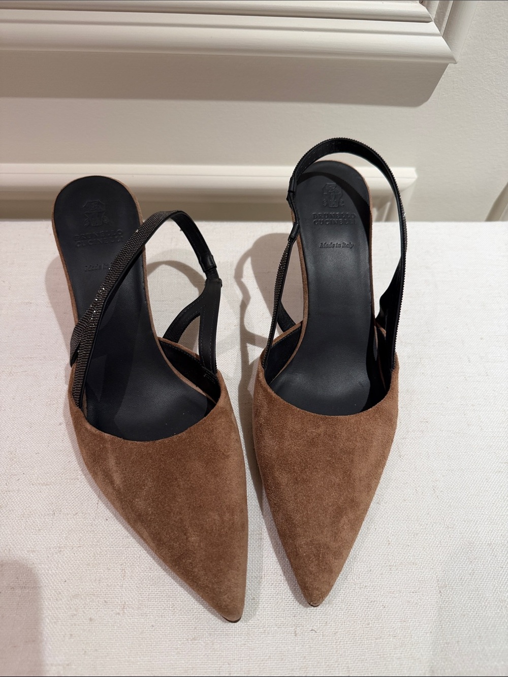 Brunello Cucinelli Monili Brown Suede Pointed Slingback Pumps